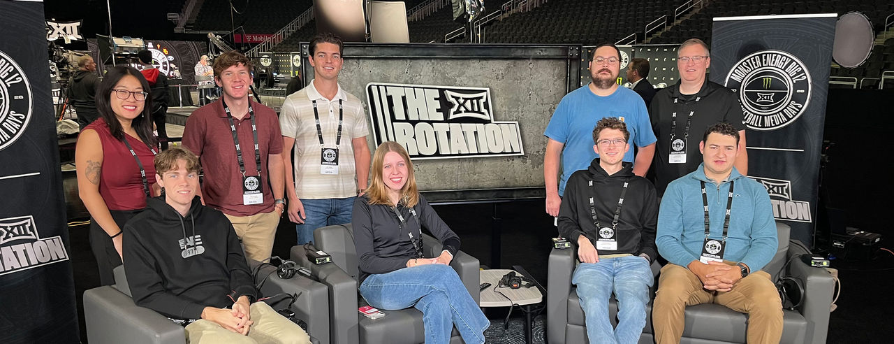 CCM Media Production students working on "The Rotation" at Big 12's Basketball Media Days in Kansas City. Photo/Provided by Joe Brackman. 