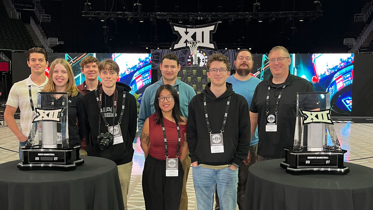CCM Media Production students working on "The Rotation" at Big 12's Basketball Media Days in Kansas City. Photo/Provided by Joe Brackman. 