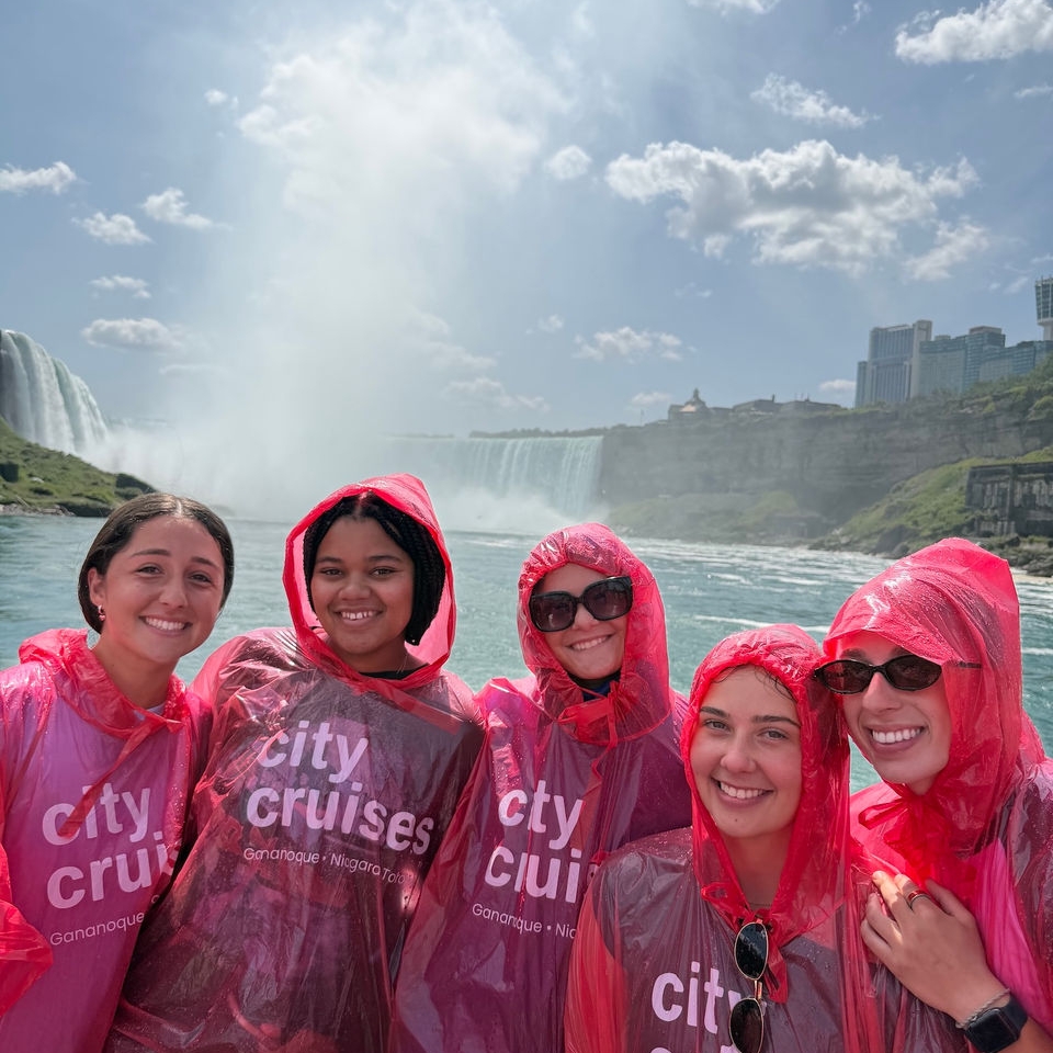 Savannah Posey and four others in ponchos at Niagara Falls