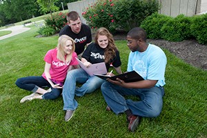 Clermont students on campus in the spring. Nathan Peck, JackieYoung, Meagan Schalk and Mel Mpagi.