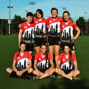 University of Cincinnati Women's Rugby Team Sporting Colleen O'Callaghan's Rhino Rugby Apparel Designs 