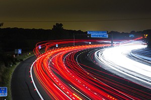 Traffic photo edited with red and white lines