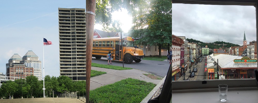 Photo collage: Cincinnati skyline, school bus, Findley Market