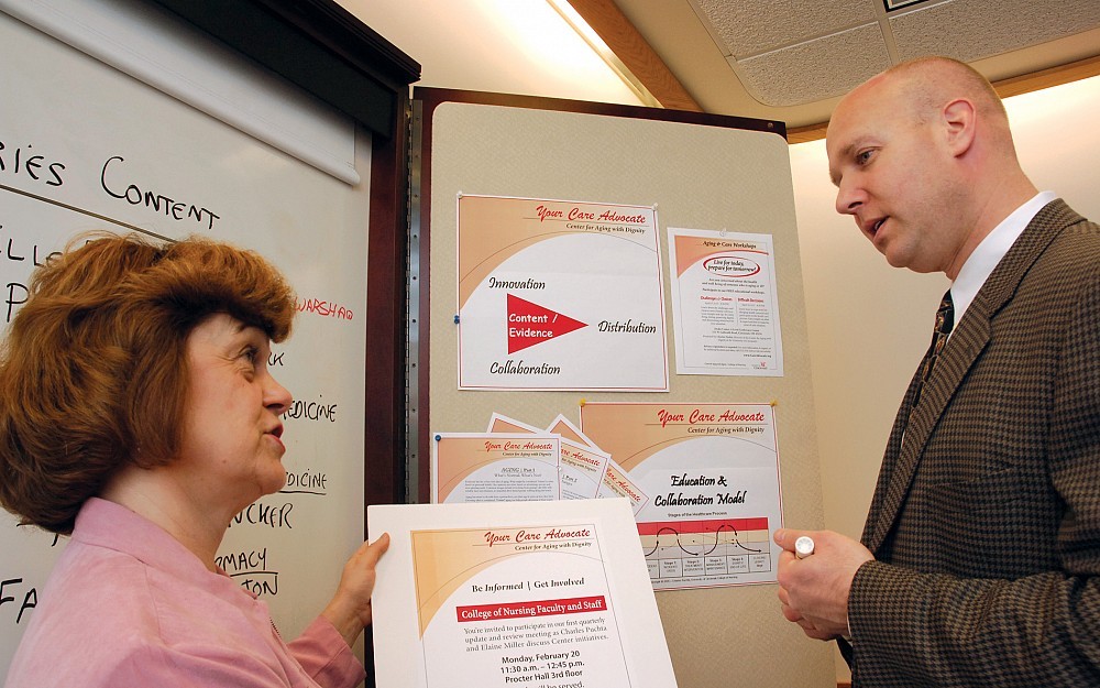 Elaine Miller, DNS, and Charles Puchta, both from the College of Nursing, lead  workshops designed to help people manage the aging process.