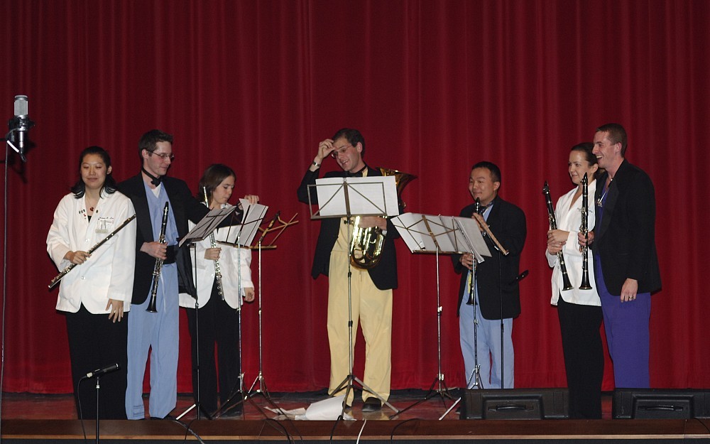 Members of the woodwind group, Doctet, donned scrubs and white coats as part of a previous concert performance.