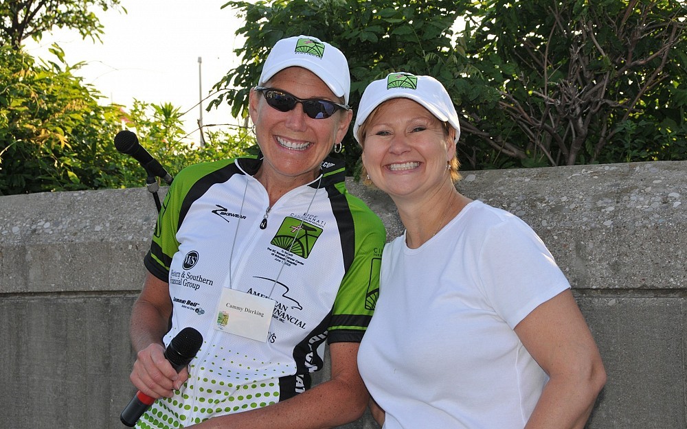 Cammy Dierking, of Channel 12, and Janeen Coyle of WGRR 103.5 FM co-emceed the Ride Cincinnati event. 