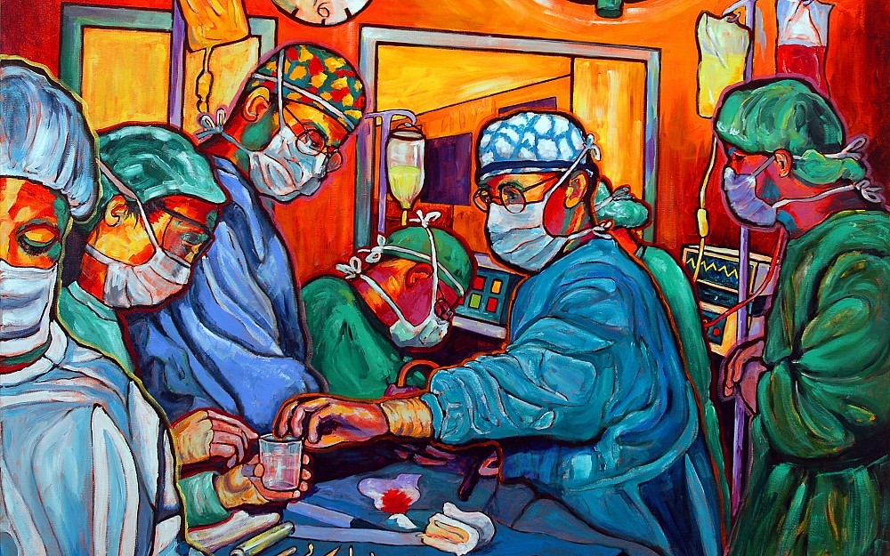 A teaching hospital painting by Wolfgang Ritschel, MD, PhD, professor emeritus of pharmacokinetics and professor emeritus of pharmacology at UC.