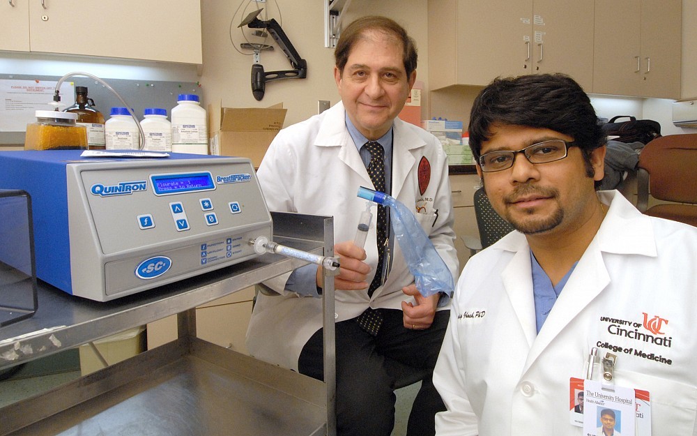 Ralph Giannella, MD, and Sudip Ghosh, PhD, both in the division of digestive diseases, are using a new breath test to determine problems in the GI tract.
