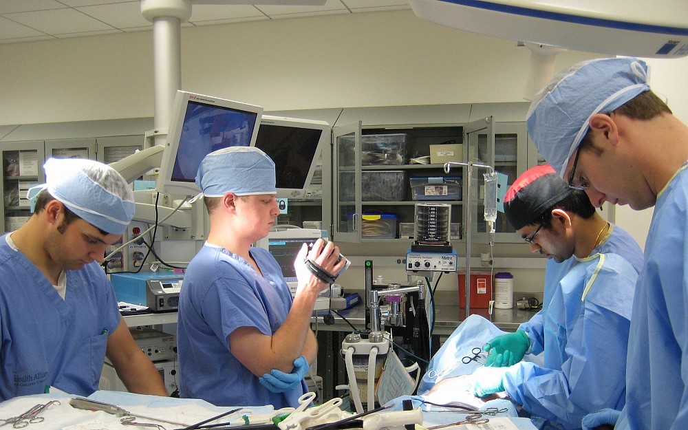 Members of the Single Port Solutions team use their laparoscopic access tool to perform a laparoscopic cholecystectomy (gall bladder removal) on an animal model.