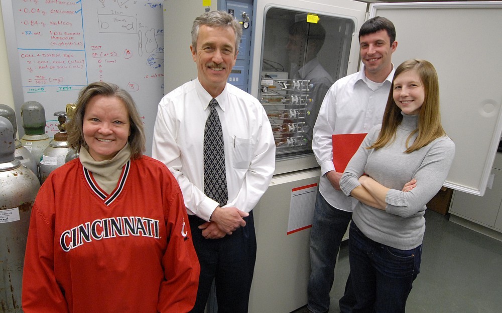 The tissue engineering and biomechanics lab of David Butler, PhD, includes cell culture lab director Cindi Gooch and biomedical engineering PhD students Kirsten Kinneberg and Nathaniel Dyment.