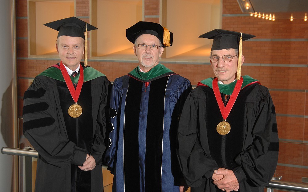 Daniel Drake medalists Richard Becker, MD (left), and James Heubi, MD (right), with College of Medicine Interim Dean Andrew Filak, MD.