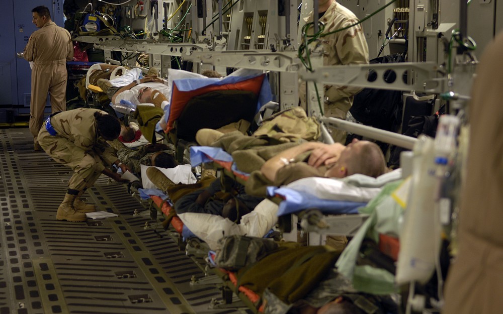 Critically wounded soliders are quickly moved to a field hospital. UC researchers are studying how rapid movement and altitude changes associated with air medical evacuation may impact survival.