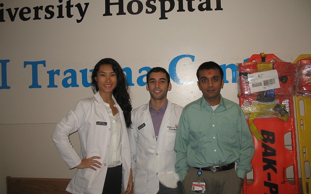 From left to right: Junzi Shi, medical student, Arya Zandvakili, MD/PhD candidiate, Zubin Patel, MD/PhD candidate. These students responded at the scene of an accident thanks to UC training. 