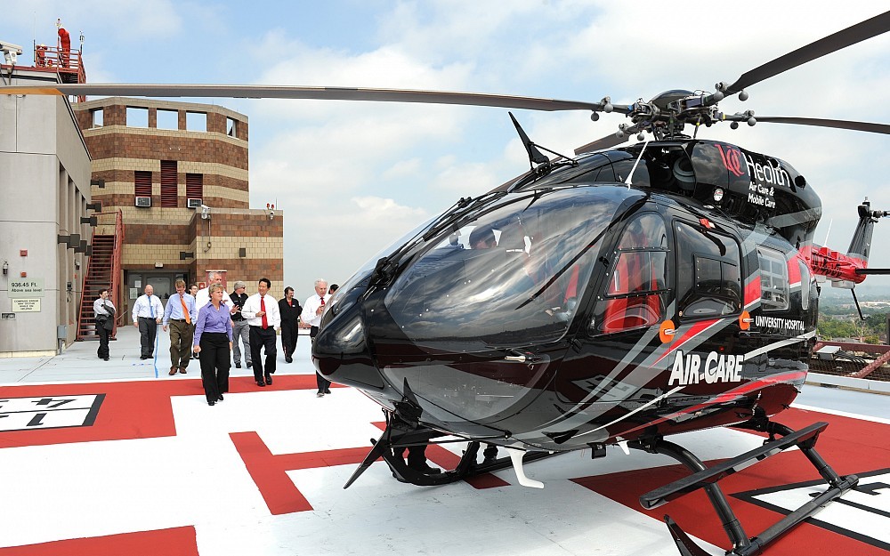 The new EC145 helicopter on the UC Health University Hospital helipad.