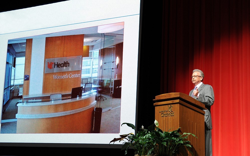 Myles Pensak, MD, CEO of UC Physicians and senior associate dean for clinical programs, speaks in Kresge Auditorium April 15, 2013.