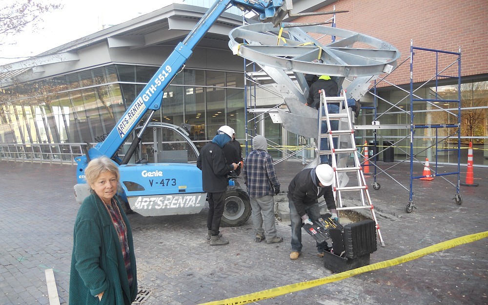Sculptor Alice Aycock was on hand for the installation of her "Super Twister" at the CARE/Crawley Building. (The installation is not yet complete.)
