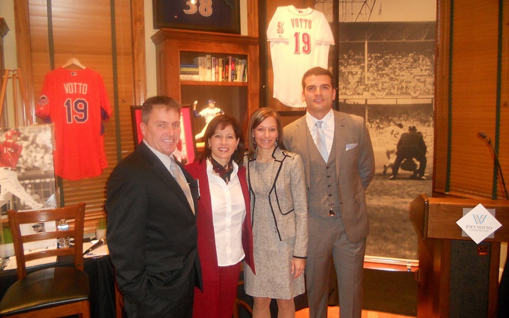 Kathleen Chard, PhD (second from left), with Reds star Joey Votto (right), Canadian military veteran Michael Newcombe and Jill Miller, executive director of the Joey Votto Foundation.