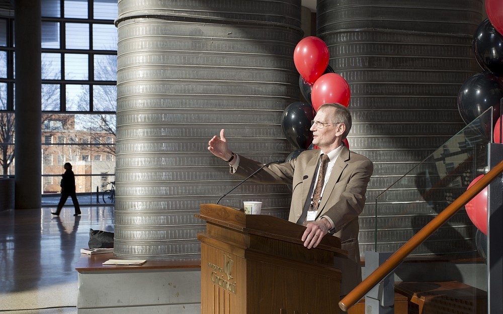 New UC Health President and CEO Richard (Rick) Lofgren, MD, spoke to a town hall meeting in the CARE/Crawley Building's atrium Dec. 18, 2013.
