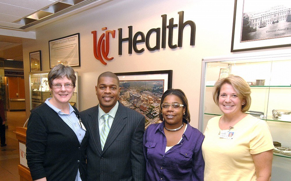 Transplant recipient Jamil Hill with (from left to right): UC Health renal transplant coordinator Mitzi Barker, kidney donor Jacquetta Brown and research coordinator Stefanie Young.