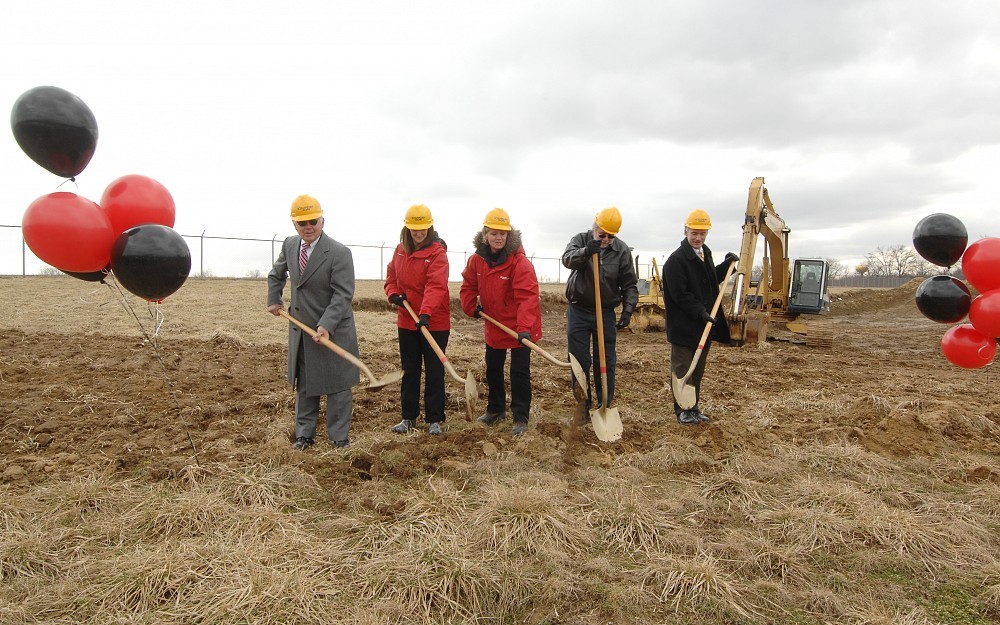 Officials from UC Health Air Care & Mobile Care, Mt. Orab and Schumacher-Dugan Construction broke ground on a new base for Air Care 3, the third aircraft in the fleet, on Tuesday, Feb. 25, 2014.