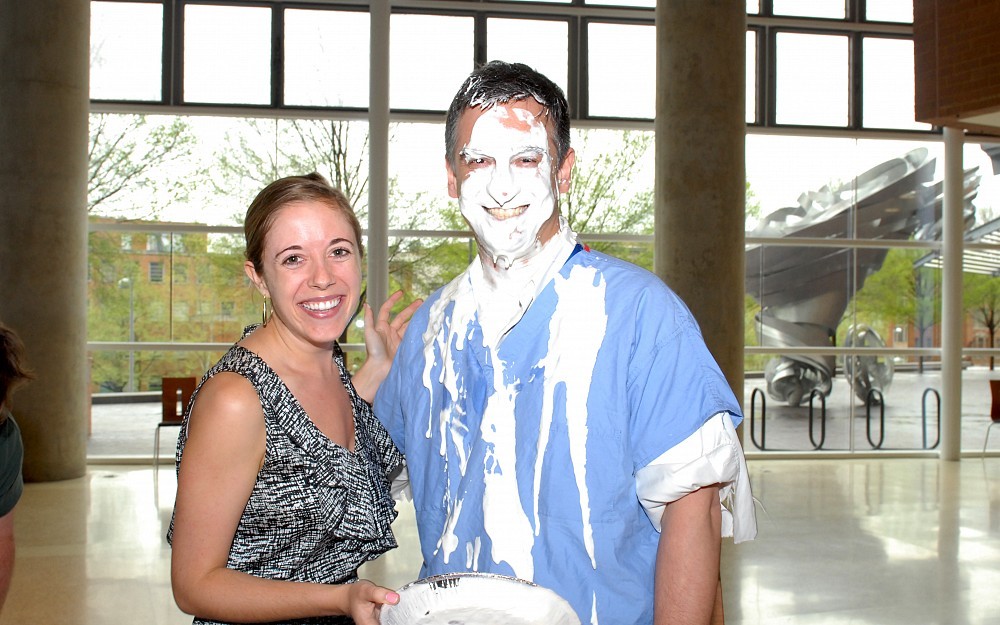 Student Mary Havard and professor David Pettigrew, PhD, at the annual "Pie a Prof" fundraiser.