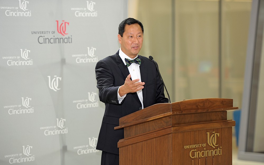 UC President Santa Ono, PhD, in the CARE/Crawley Building atrium announcing the formation of the Midwest Pain Consortium. 