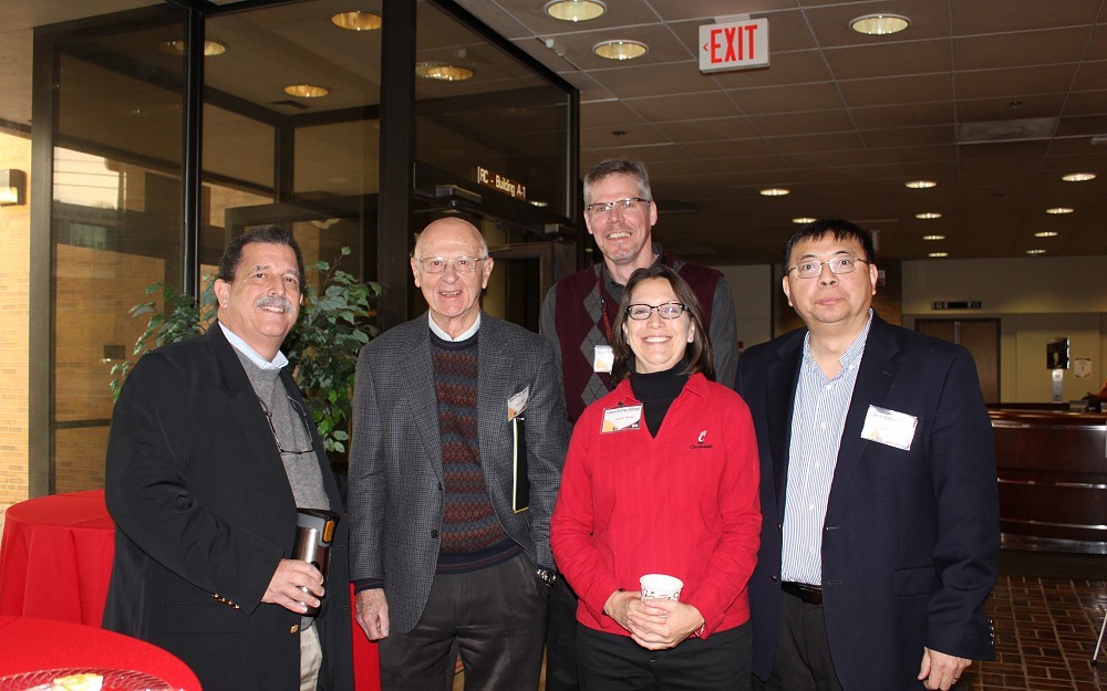 At the first annual Cancer Biology Retreat, from left to right: Interim College of Medicine Dean William Ball, PhD; Former Interim Cancer Biology Chair Jerry Lingrel, PhD; Co-Organizers and Faculty Members Ken Greis, PhD,  and Susan Waltz, PhD; and Cancer Biology Department Chair Jun-Lin Guan, PhD.