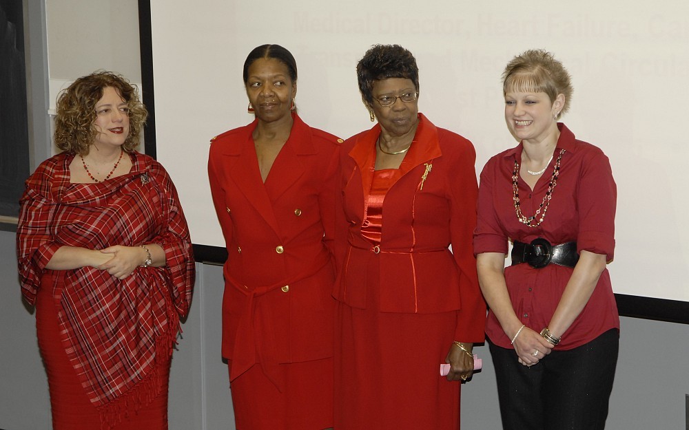 Dr. Stephanie Dunlap (left) with heart survivors Deborah Garr, who has had a transplant, Kathleen Shearer and Amanda Hodge.