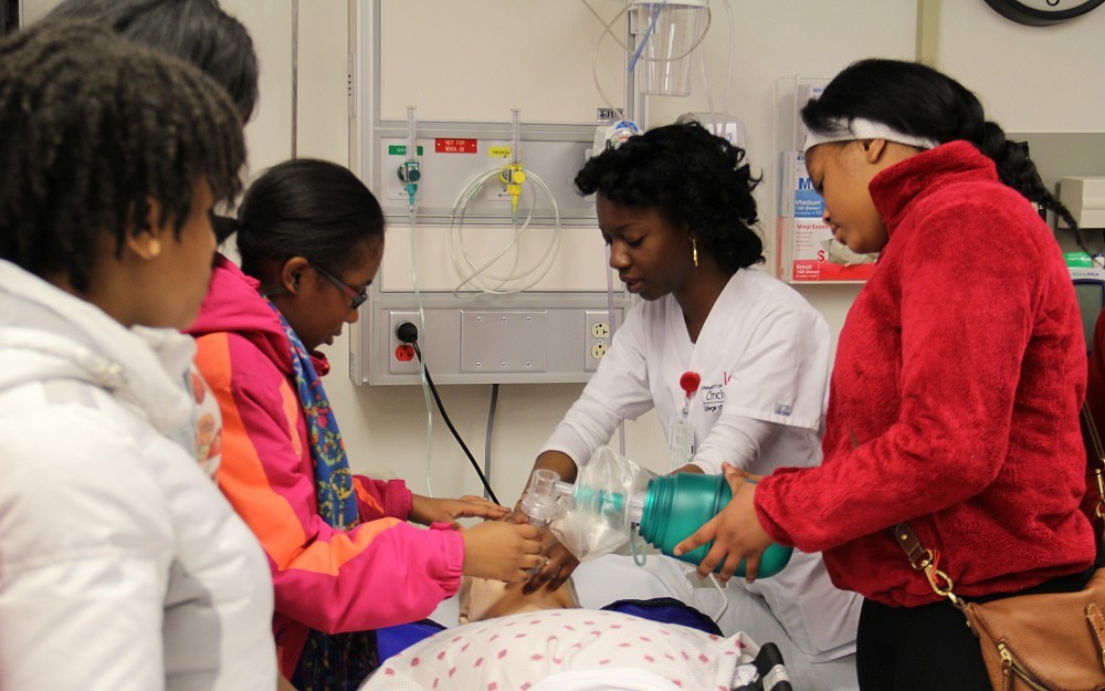 Tristate participants in Delta GEMS and Delta Academy visited the UC College of Nursing on March 7 as part of their STEM career explorations. Nursing students and faculty introduced the students to patient simulators and telehealth robotics.