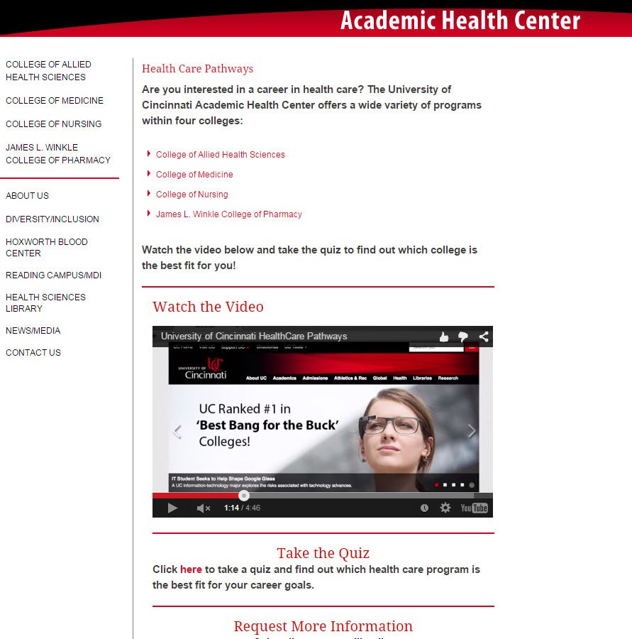 Social media campaign on www.health.uc.edu/healthcareerpathways.