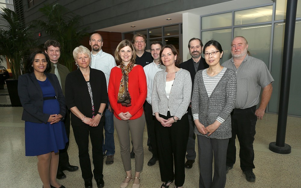 Winners of pilot grants from the Neurobiology Research Center at the UC Neuroscience Institute included these researchers (left to right): Nazanin Majd, MD, PhD; Brian Scott Katz, MD; Kari Dunning, PT, PhD; Adam Funk, PhD; Hilary Perez, PhD; Robert McCullumsmith, MD, PhD; Jon Dudley, PhD; Sheila Fleming, PhD; Kim Seroogy, PhD; Ying Sun, PhD; and Michael Williams, PhD.
