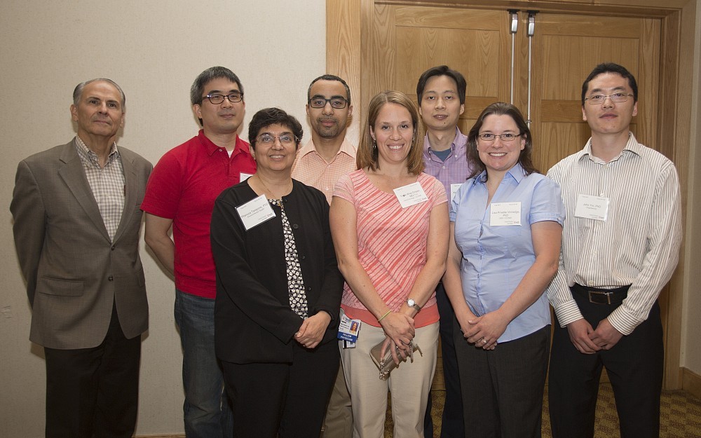 The winning team from the 2014 University Retreat for Research: Cincinnati Charge Against Cancer/Cancer Curathon: (back row, from left) Dr. Mariano Fernandez-Ulloa, Dr. Kris Huang, Dr. William Porter, Xiaoting Zhang, (front row, from left) Pheruza Tarapore, Dr. Trisha Wise-Draper, Lisa Privette Vinnedge and John Yin. Not pictured is Dr. Syed Ahmad.