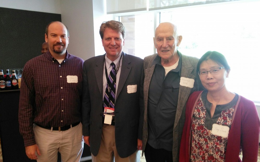L.I.F.E. Foundation founder George Wile, second from right, with funding recipients (from left) Adam Funk, PhD, Robert McCullumsmith, MD, PhD, and Ying Sun, PhD
