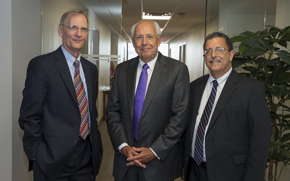Darrell Kirch, MD, president and chief executive officer of the Association of American Medical Colleges (AAMC) (center), visited the Academic Health Center. Here he is pictured with Richard Lofgren, MD, president and CEO of UC Health (left), and William Ball, MD, dean of the College of Medicine and senior vice president for health affairs (right).