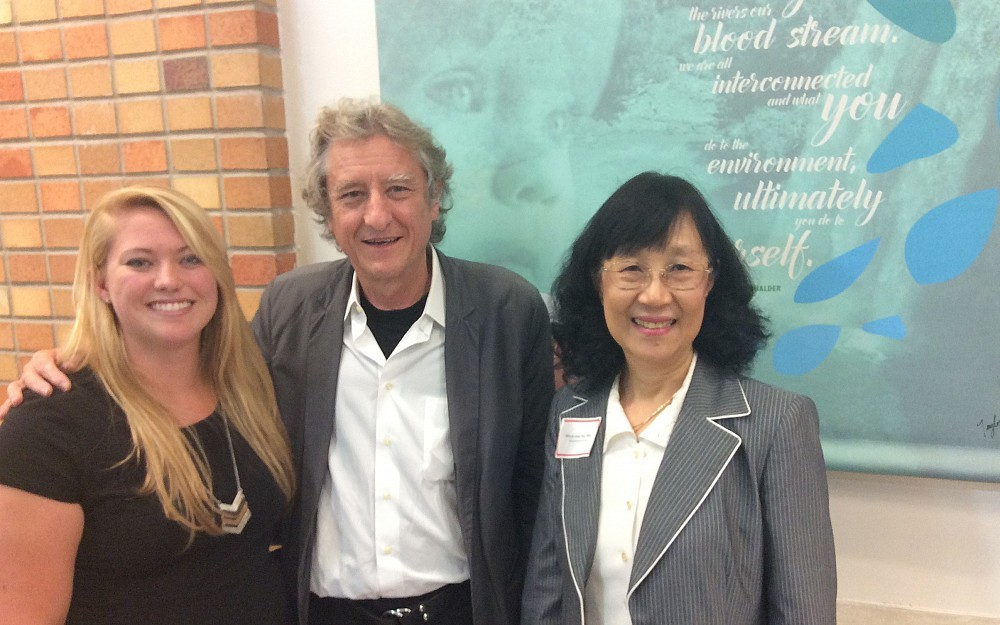 Robert Probst, dean of the College of Design, Architecture, Art, and Planning, joined student Taylor Frank and Department of Environmental Health Chair Shuk-Mei Ho, PhD, for the unveiling of new artworks in the Kettering Laboratory Complex atrium.