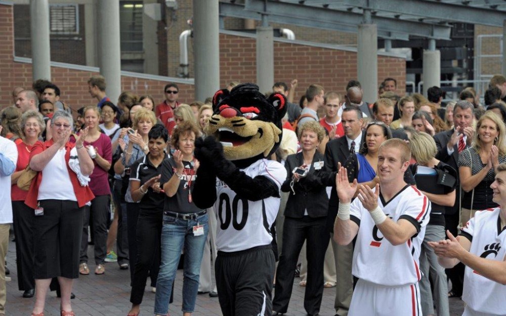 UC's Bearcat mascot was front and center at last year's pep rally on the medical campus. 