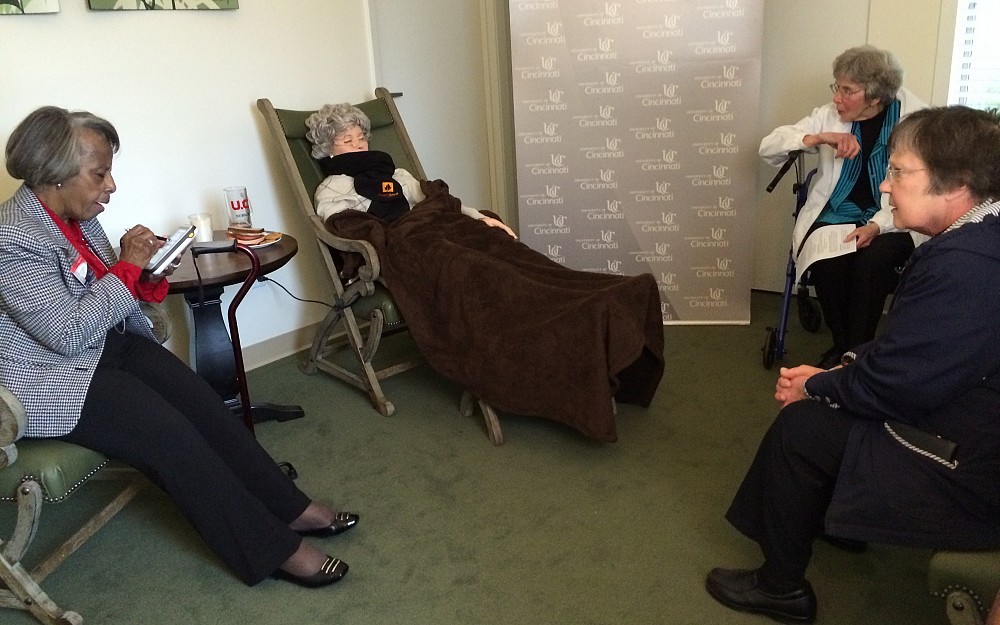 Associate professor Jean Anthony, PhD, explains to Maple Knoll residents Marge Fanella & Mary Davis how technology and health care merge at pilot "smart" house at Maple Knoll. 