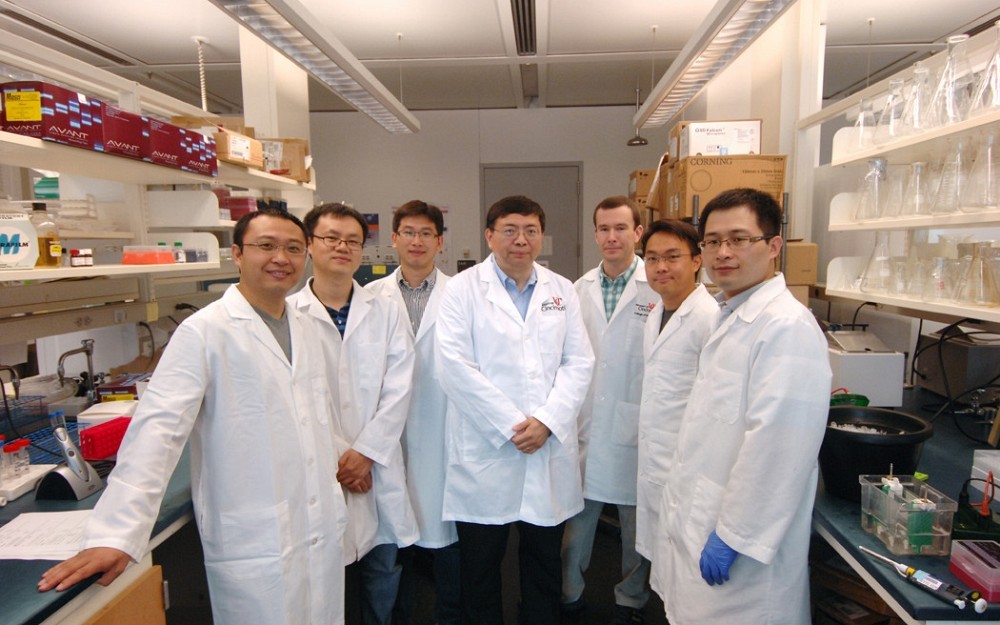 Jun-Lin Guan, PhD (middle), with members of his lab. Shaogang Sun, PhD, who was involved with his study in Cancer Cell is the first person on the left. 
