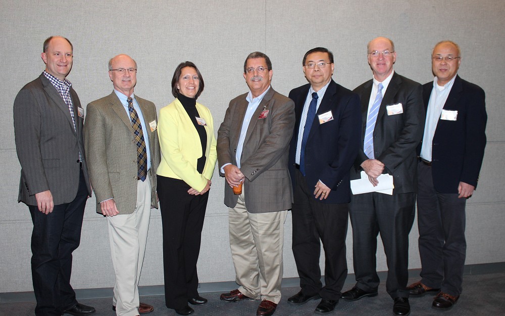 To foster collaboration among researchers and physicians with the goal of improving cancer outcomes, the Cancer Biology and Hematology Oncology Joint Retreat was held Saturday, Nov. 14, on the UC Reading Campus. From left to right: David Plas, PhD; Gregory Rouan, MD; Susan Waltz, PhD; William Ball, MD, Jun-Lin Guan, PhD; William Barrett, MD; Xiaoyang Qi, PhD.