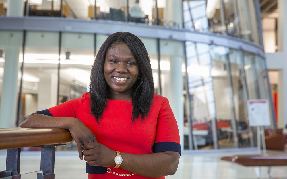 Victoria Adegboye, a fourth-year medical student, hopes to become an anesthesiologist. She is featured in CARE/Crawley Atrium.