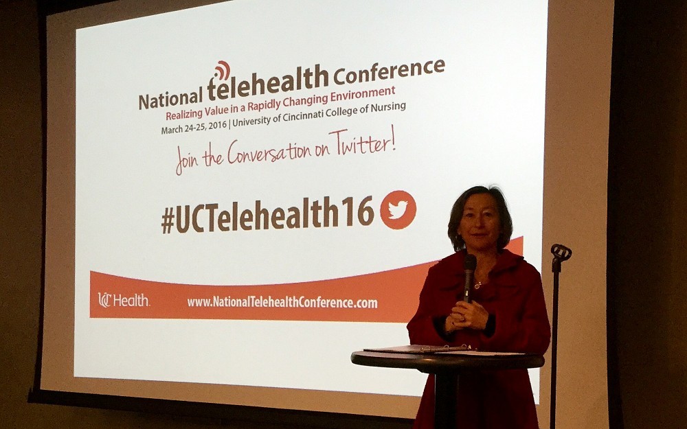 UC College of Nursing Dean Greer Glazer makes opening remarks at the third annual National Telehealth Conference