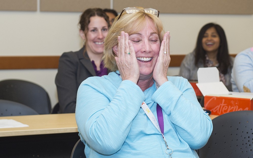 Mary Gaskill-Shipley, MD, learns she is the recipient of this year's Sustained Excellence Award as part of National Doctors Day recognition at UC Medical Center.