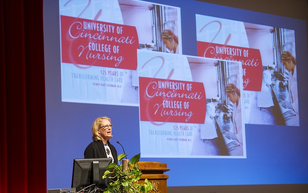 Julie Fairman, PhD, RN, FAAN delivers the keynote address at the 2016 Cecil Striker Society Lecture at Kresge Auditorium