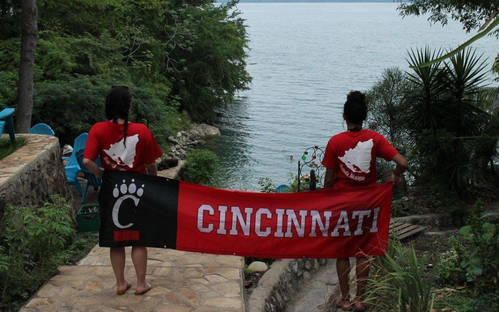 CAHS students McKenzie Trentman and Senna Meyer display their Bearcat pride on a service learning trip to Nicaragua in May 2016