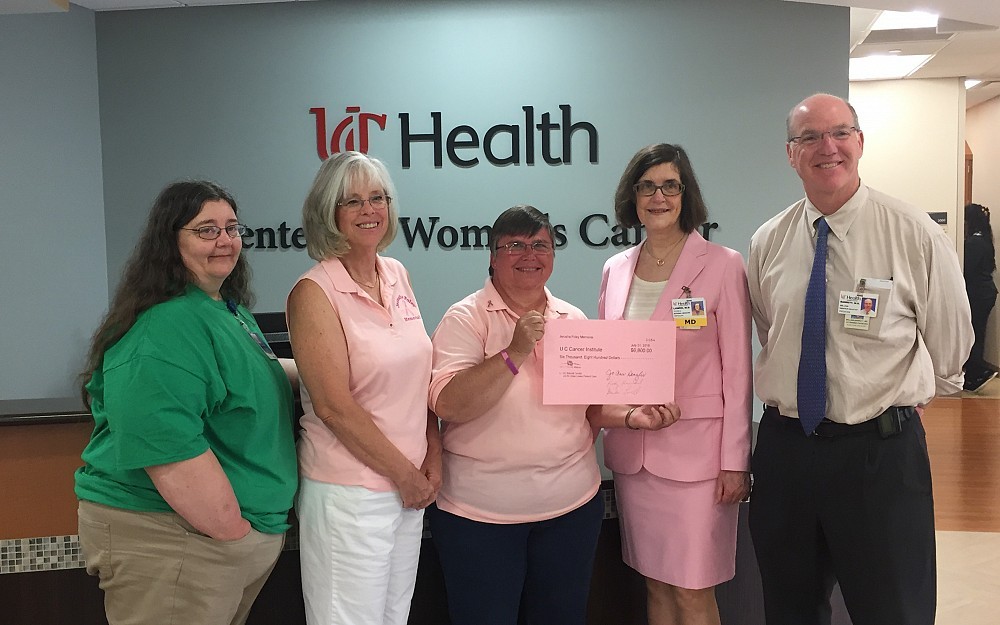 Left to right: Glenda Lovell; JoAnn Denzler; Kathy Haverland; Elyse Lower, MD; Bill Barrett, MD, director of the UC Cancer Institute