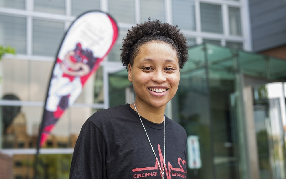 

Lynsay Strahorn is shown in front of CARE/Crawley Building during Orientation Week for the Class of 2020.