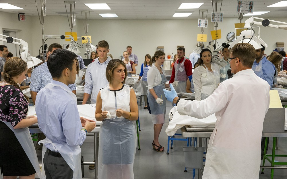 
First-year medical students prepare to examine cadavers during orientation week for the Class of 2019 in the UC College of Medicine. Bruce Giffin, PhD, offers instruction.