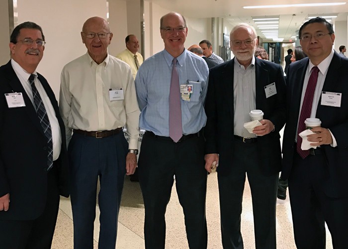 Leaders who attended the Jensen Symposium Nov. 3-4 (Left to Right): William Ball, MD, Jerry Lingrel, PhD,  William Barrett, MD, Max Wicha, MD (speaker), Jun-Lin Guan, PhD