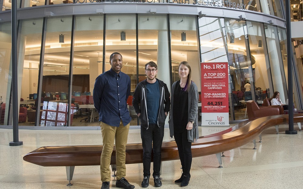 
Corey Stiner, Nicholas Clark and Kelsey Elliott, shown in CARE/Crawley Building, have been awarded grant support in the Advanced Multidisciplinary Training Program for System Biology for 2016-17.