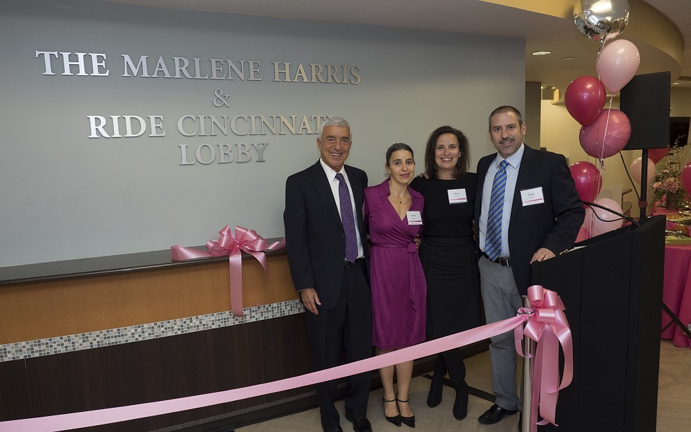 The lobby of the Center for WomenÂ s Cancer, located on the third floor of the UC Health Barrett Cancer Center, has officially been named Â The Marlene Harris and Ride Cincinnati Lobby.Â  From Left to Right: Harvey Harris, Lauren Harris, Allison Harris, Gregg Harris.
